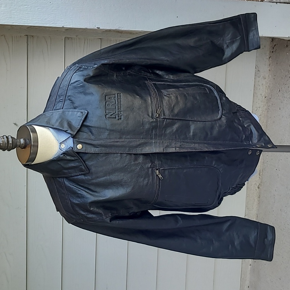 BURK'S BAY Black Genuine Leather NRA Lifetime Member Sz L Full‎ Zip Mens Jacket
